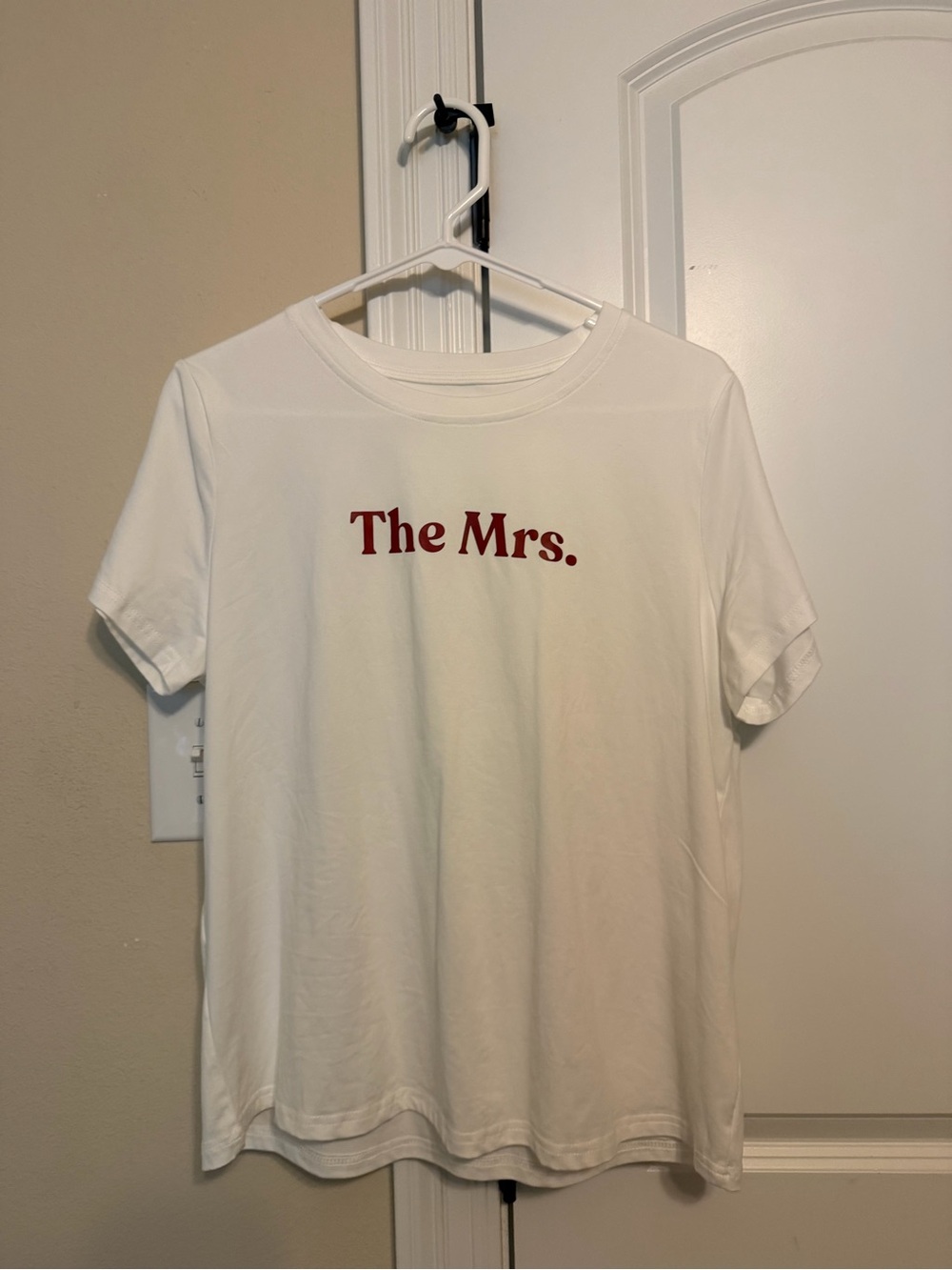 SHEIN White T-Shirt with Red "The Mrs." Print (both shirts)